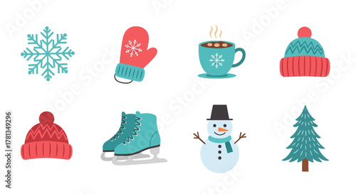 Cozy winter icons: mittens, snowflakes, and more in flat design