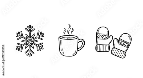 Winter icons: snowflake, warm drink, cozy mittens in outline style
