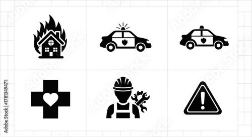Emergency services icons collection featuring police, fire, health, and safety symbols in black and white