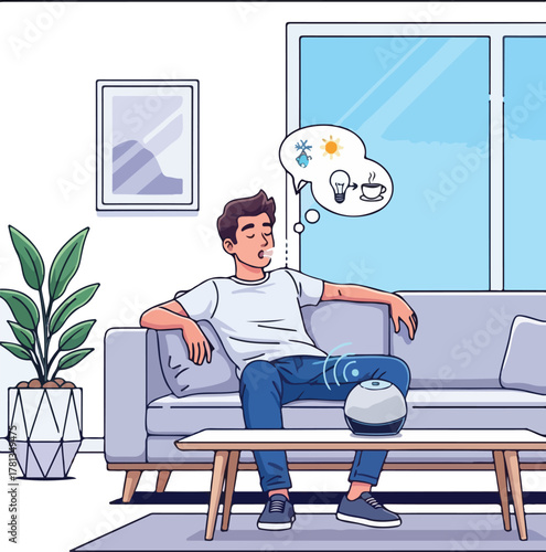 Young man relaxing on sofa contemplating smart home automation with voice assistant.