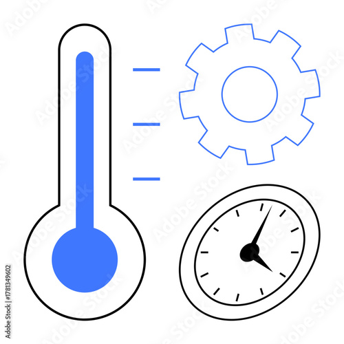 Thermometer showing heat level, gear symbolizing operation, and clock indicating time. Ideal for efficiency, performance monitoring, productivity, time tracking, energy management, industrial