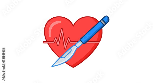 Heart surgery concept with scalpel and heartbeat symbol in flat style