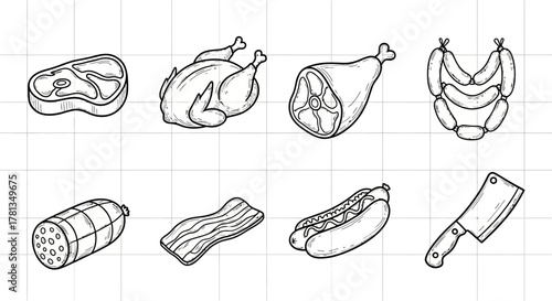 Hand drawn meat icons: steak, chicken, ham, sausages, salami, bacon, hot dog, cleaver