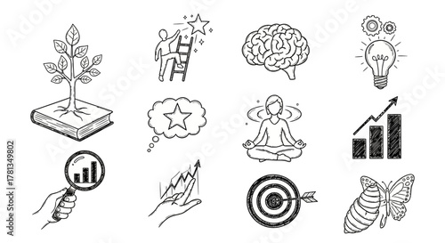 Sketch icons for growth and success: brain, graphs, and mindfulness in black and white