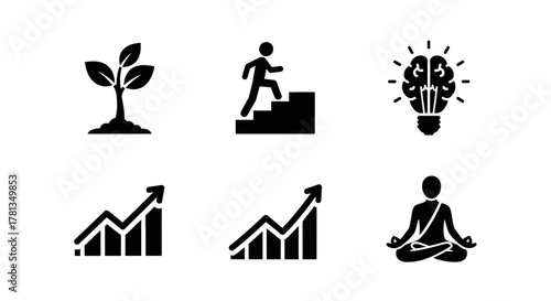 Success journey icons: growth, progress, innovation, achievement, and relaxation in bold silhouette style