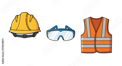 Safety gear essentials: hard hat, protective goggles, reflective vest in colorful drawing style