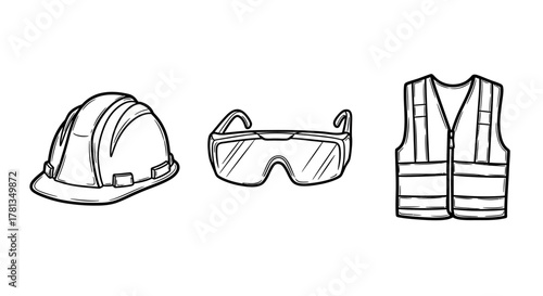 Safety gear essentials: helmet, goggles, and vest line art