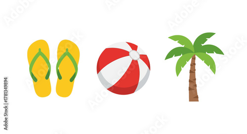 Summer essentials: flip-flops, beach ball, and palm tree in flat design