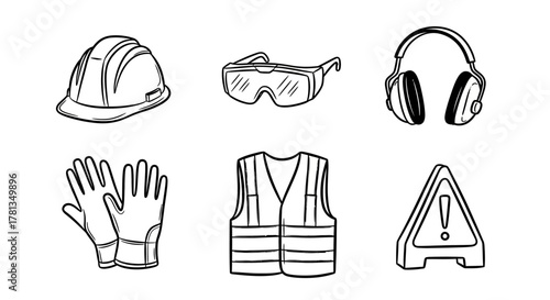 Safety gear line art: helmet, goggles, ear protection, gloves, vest, caution sign