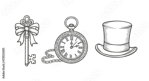 Vintage sketch collection: elegant key, pocket watch, and top hat