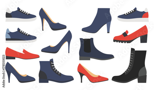 Stylish Footwear Collection Women s and Men s Shoes Vector Set on White