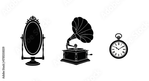 Vintage antiques: classic mirror, gramophone, and pocket watch silhouettes