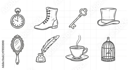 Vintage hand-drawn icons of classic objects including pocket watch and top hat