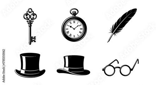 Classic vintage objects: key, pocket watch, feather, top hats, glasses - retro black and white style