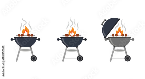 Outdoor grilling barbecue icons with open and closed lids