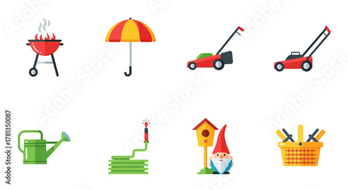 Colorful garden tools and summer essentials collection