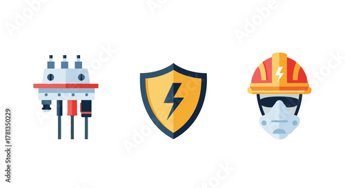 Industrial safety icons: helmet, shield, circuit in flat style