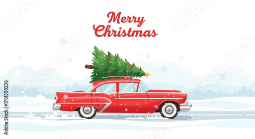 Vintage red car driving through snowy landscape carrying a christmas tree on roof