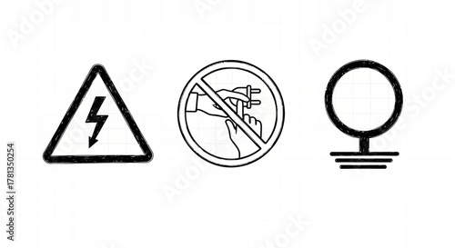 Electrical safety icons: warning, caution, and protection symbols in sketch style