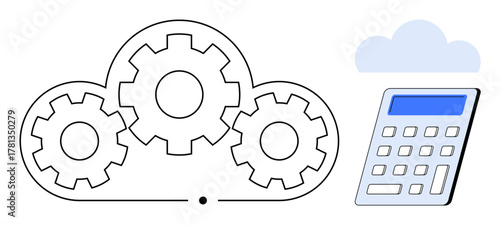 Interconnected gears within a cloud form a system, accompanied by a calculator symbolizing data, analysis, and functionality. Ideal for technology, innovation, efficiency, cloud computing