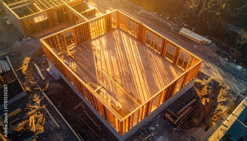 Aerial view of a new home's wood frame under construction at golden hour