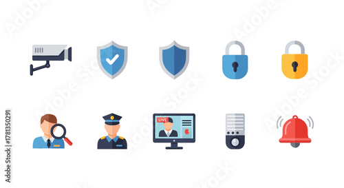 Security icon set: surveillance, protection, and monitoring elements in flat style