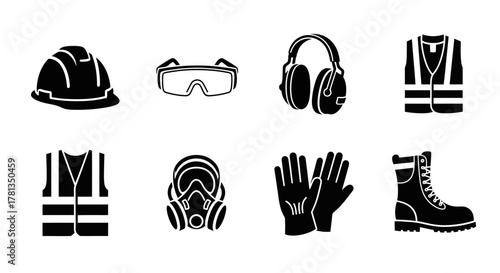 Essential safety equipment collection: hard hats, gloves, goggles, and more in bold silhouette style