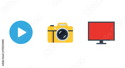 Colorful flat design icons of play button, camera, and monitor on white background
