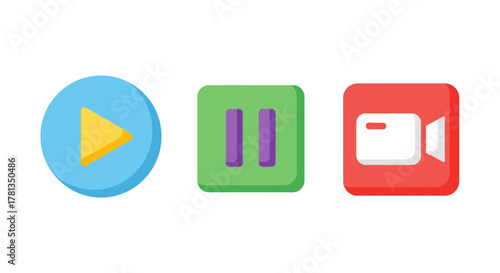 Colorful 3d media icons: play, pause, record buttons in modern design