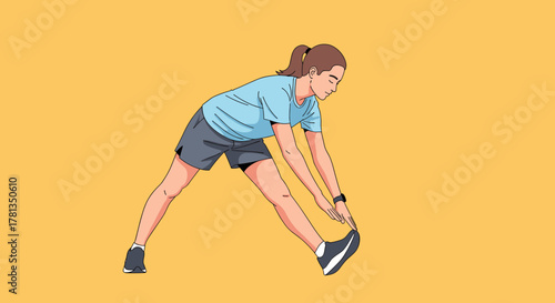 Illustration of a woman stretching her leg on a yellow background on transparent background