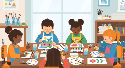 Children painting at a table in an art class on transparent background