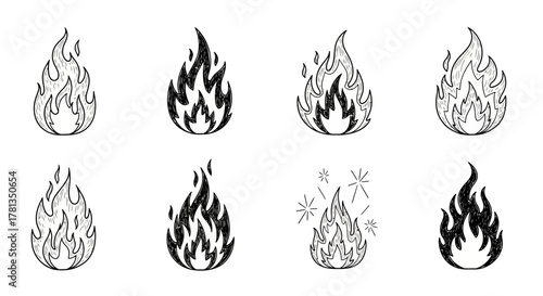 Hand drawn fire icons set with nine unique flame designs
