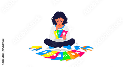 Woman sitting surrounded by books and colorful cards on transparent background