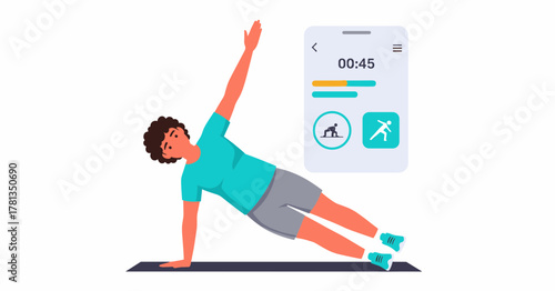 Person doing side plank exercise with mobile app on transparent background