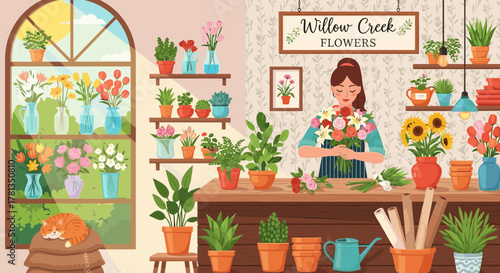 Illustration of a woman arranging flowers in a flower shop on transparent background
