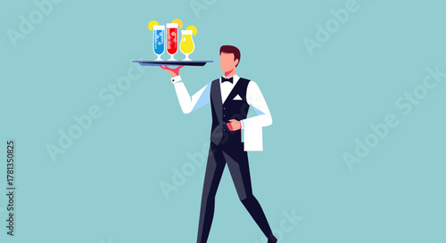 Illustration of a waiter carrying a tray of cocktails on transparent background