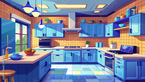 Very beautiful modern kitchen interior with light wood cabinets, blue vertical tile backsplash, clean countertops, soft shadows, and bright contemporary lighting in a realistic 3D rendering scene.