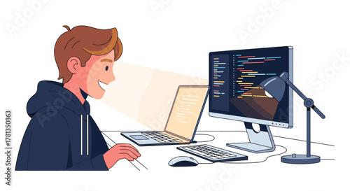 Cartoon man coding on multiple screens on transparent background