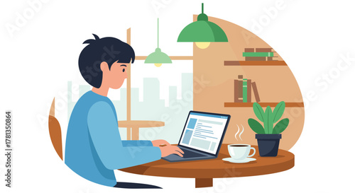Illustration of a person working on a laptop at a cafe on transparent background