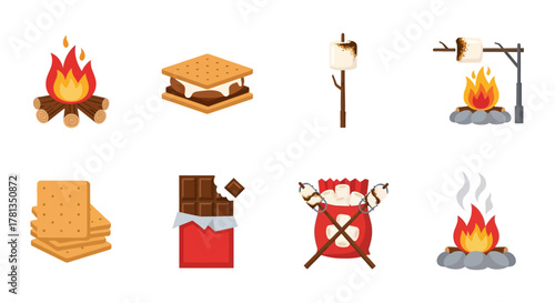 Campfire treats and essentials: s'mores, marshmallows, and fire icons in flat design