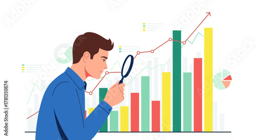 Man examining a bar graph with a magnifying glass on transparent background