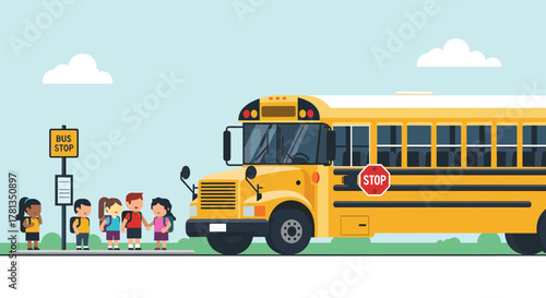 Group of children waiting at a bus stop next to a yellow school bus on transparent background