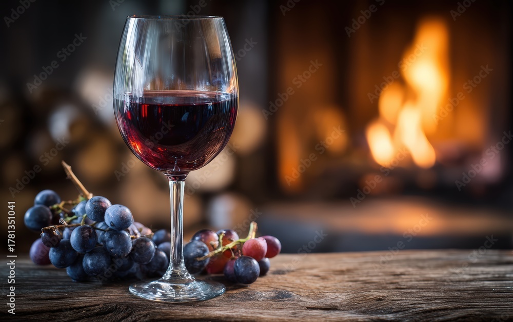 Fototapeta premium A glass of red wine is on a table next to a bunch of grapes