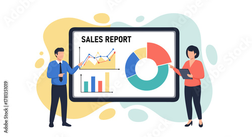 Professional business people collaborating on a sales report presentation with data visualization charts and graphs for strategic financial analysis and growth strategy