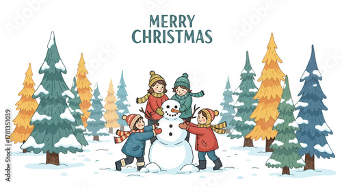 Four children happily building a snowman together in a snowy forest with colorful christmas trees