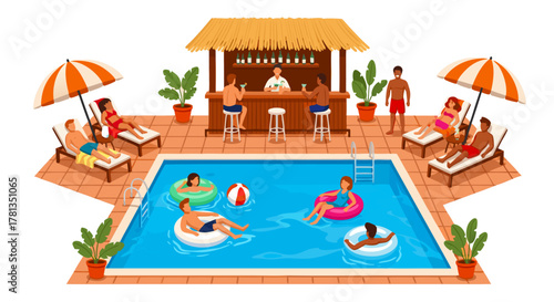 Lively summer resort scene illustration with diverse people relaxing by a swimming pool, enjoying sunbathing, and drinks at a poolside bar