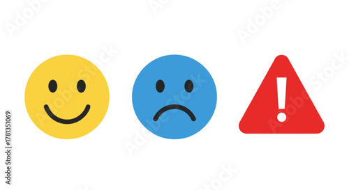 Emoticon progression: yellow happy face, blue sad smile, red warning symbol in a minimalist style