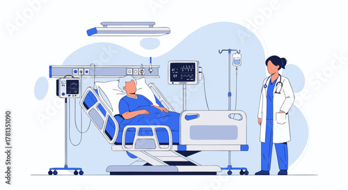 Hospital Patient Care Doctor Monitoring Elderly Patient in Hospital Bed with Medical Equipment