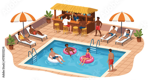 Vibrant rooftop pool party illustration showcasing people relaxing by the pool, enjoying refreshing drinks at the bar, and soaking up the summer sun in a leisure setting