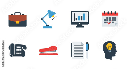 Office essentials in modern flat design: tools and symbols for productivity